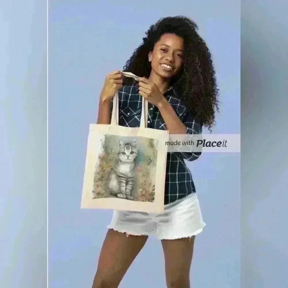 Vintage painted cat print on a tote recyled bag
